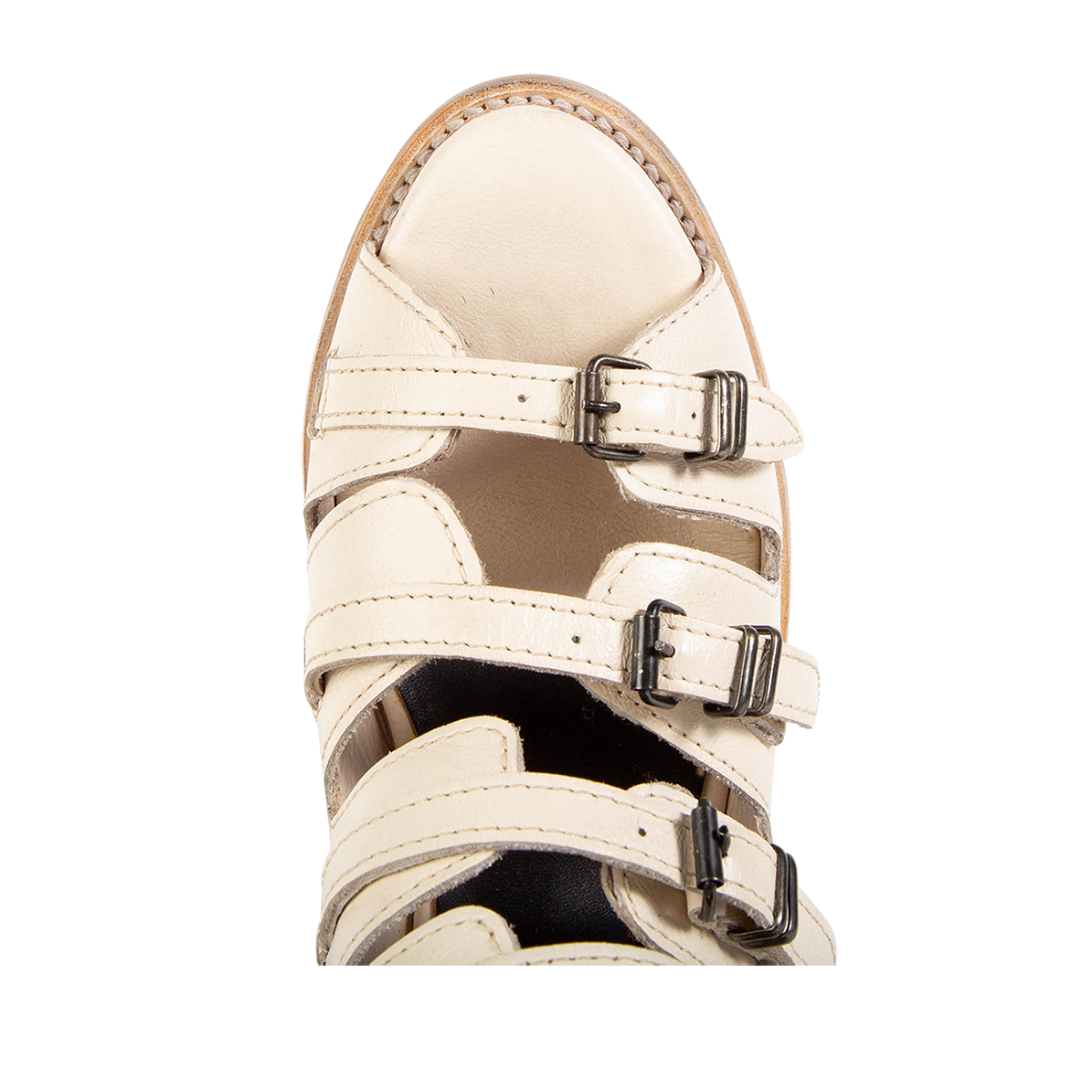 Top view showing almond toe and straps on FREEBIRD women's Quinn beige sandal