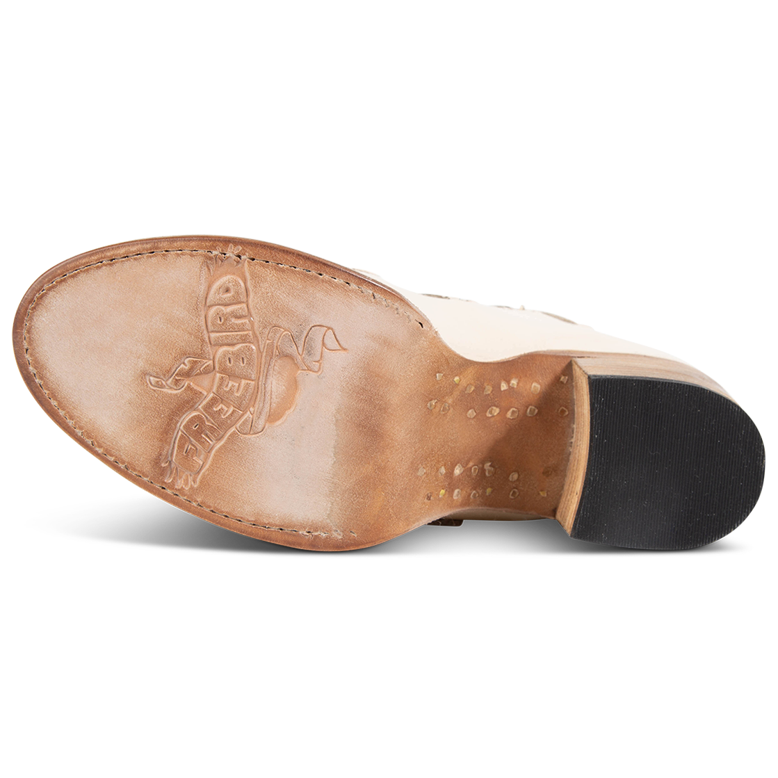 Leather sole imprinted with FREEBIRD on women's Quinn beige sandal