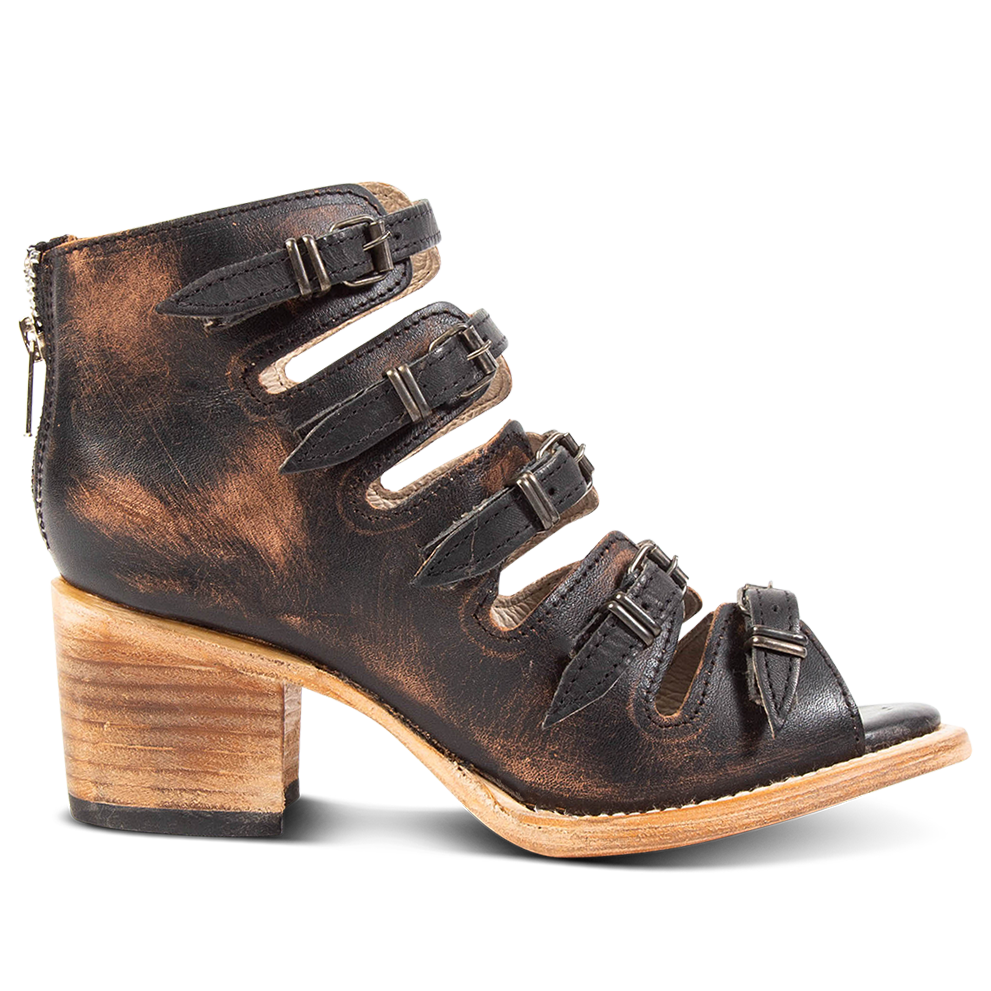 FREEBIRD women's Quinn black sandal with straps, metal buckles and mid-heel