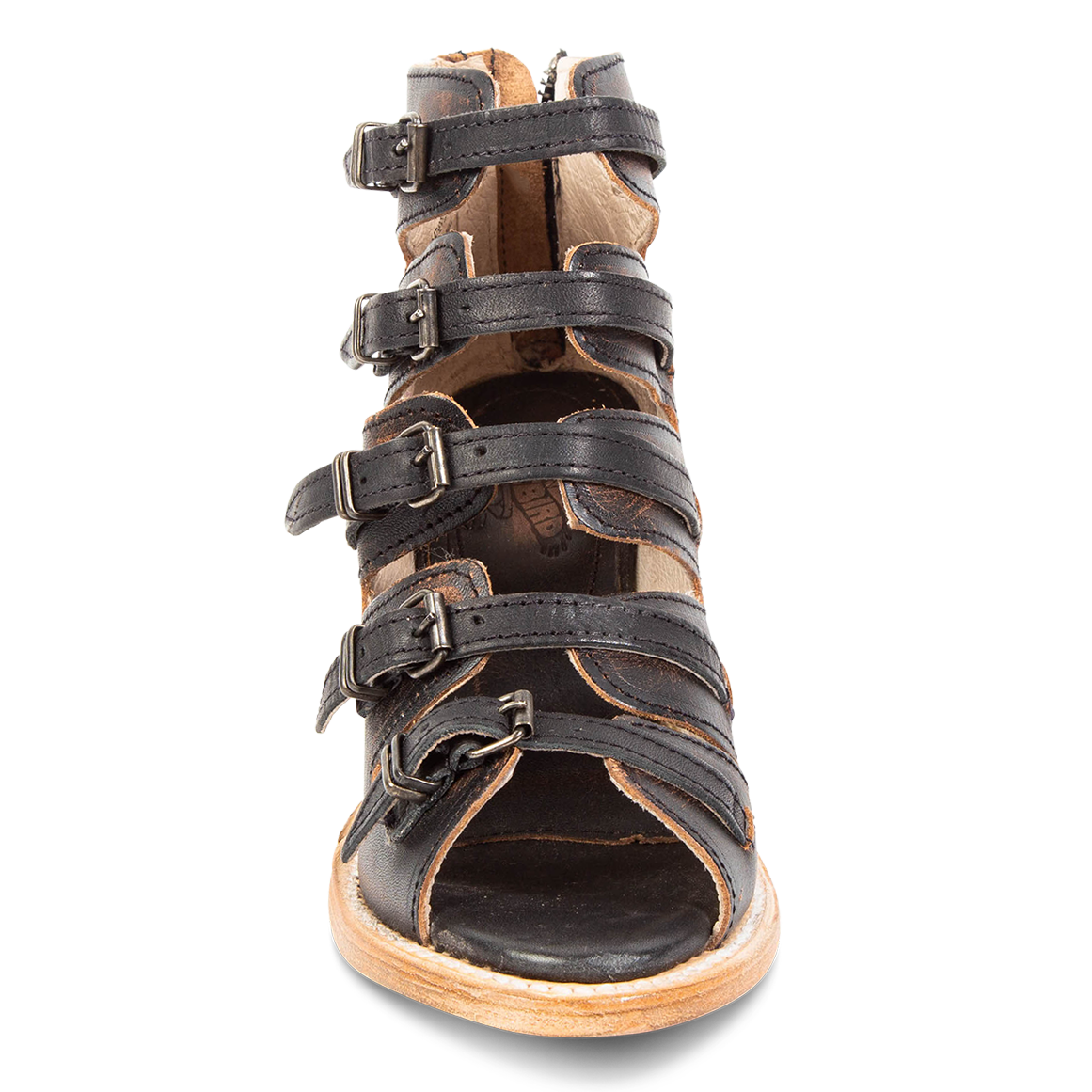 Front view showing buckle cut outs and leather straps on FREEBIRD women's Quinn black sandal