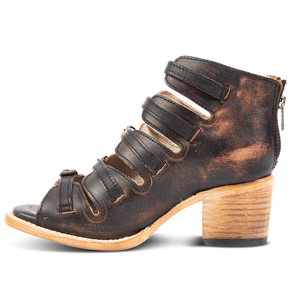 Inside view showing leather straps and stacked heel on FREEBIRD women's Quinn black sandal