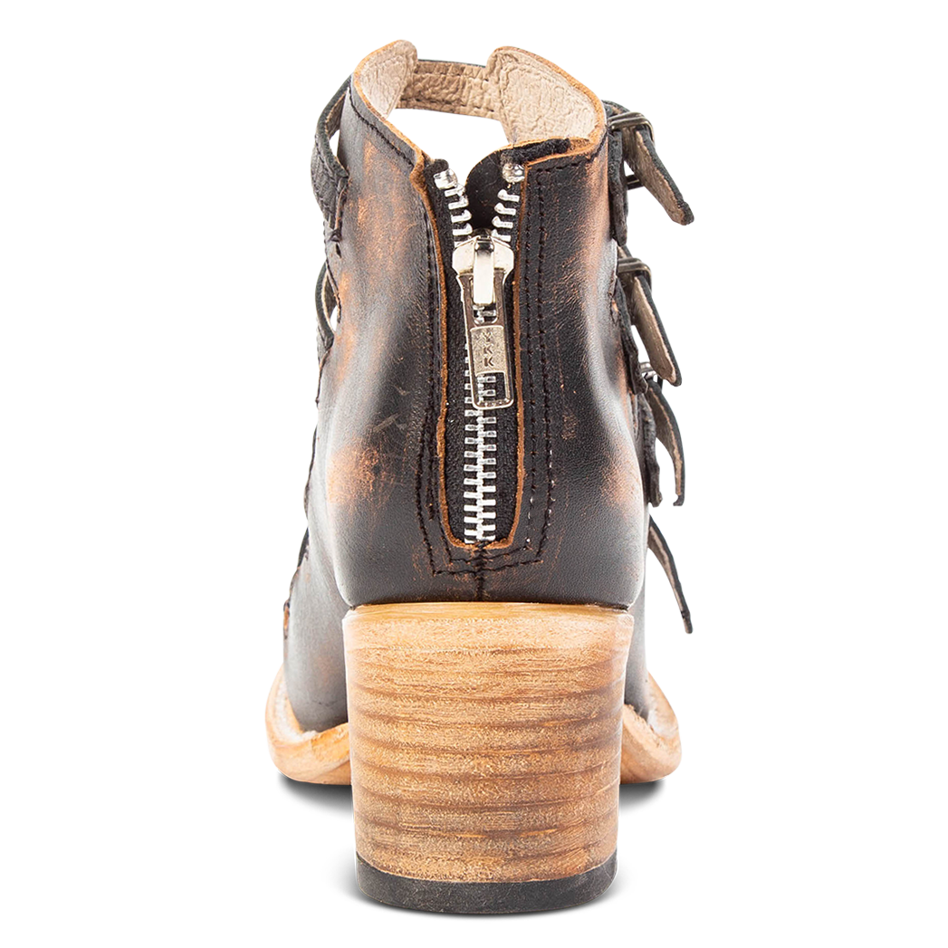 Back view showing working brass zip closure on FREEBIRD women's Quinn black sandal