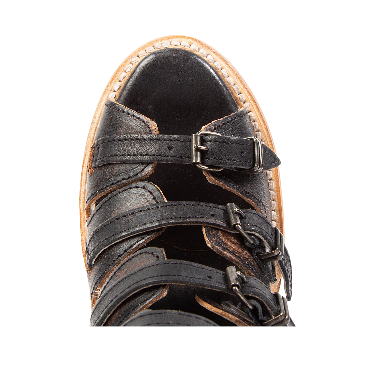 Top view showing alond toe and straps on FREEBIRD women's Quinn black sandal