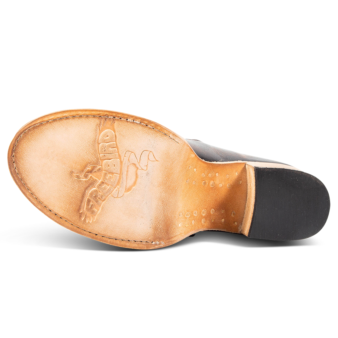Leather sole imprinted with FREEBIRD on women's Quinn black sandal