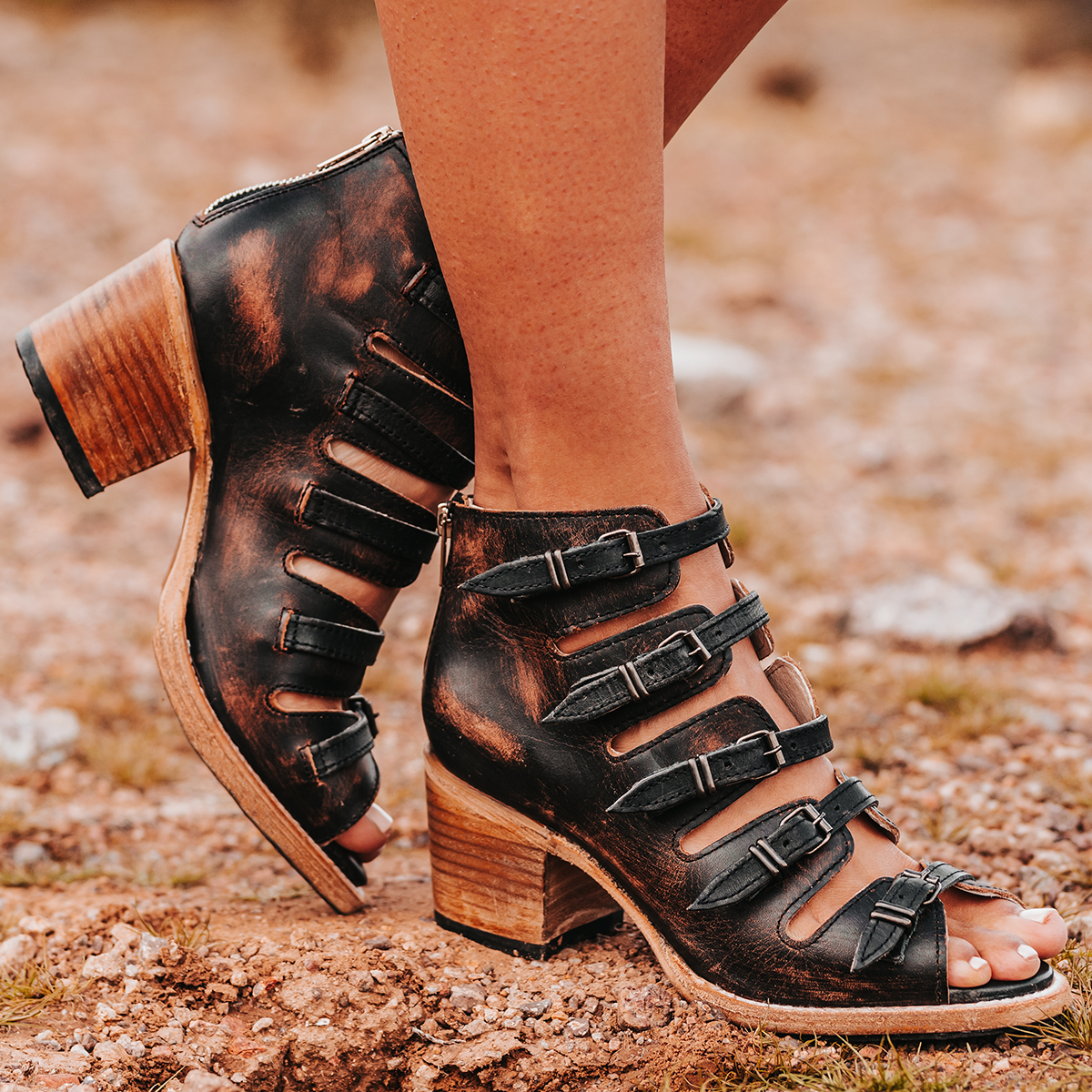 FREEBIRD women's Quinn black sandal with straps, metal buckles and mid-heel 