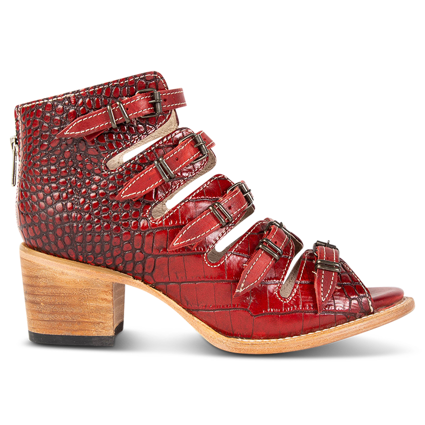 FREEBIRD women's Quinn red croco sandal with straps, metal buckles and mid-heel