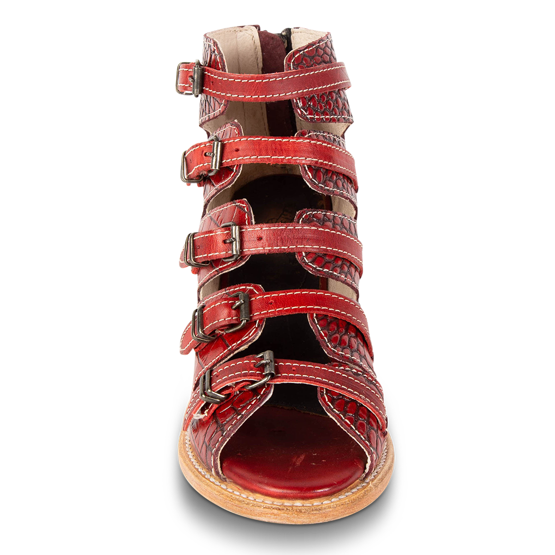 Front view showing buckle cut outs and leather straps on FREEBIRD women's Quinn red croco sandal