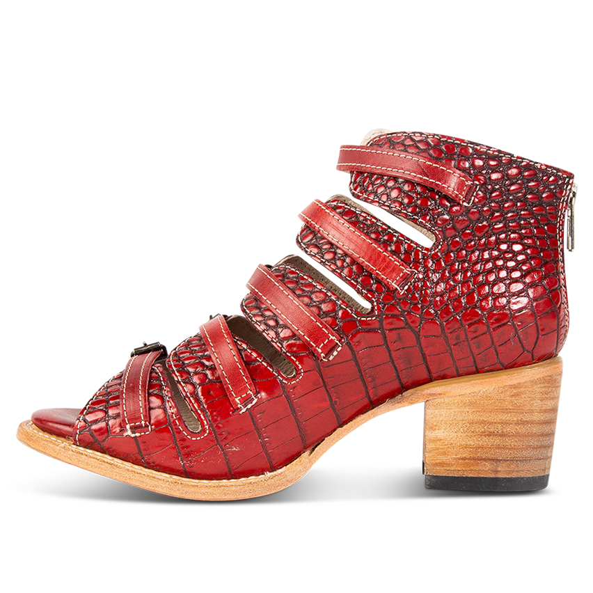 Inside view showing leather straps and stacked heel on FREEBIRD women's Quinn red croco sandal