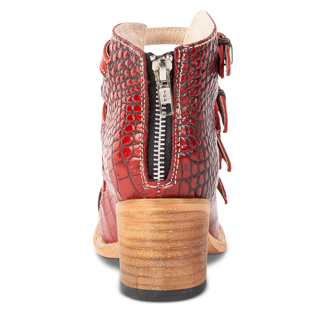 Back view showing working brass zip closure on FREEBIRD women's Quinn red croco sandal
