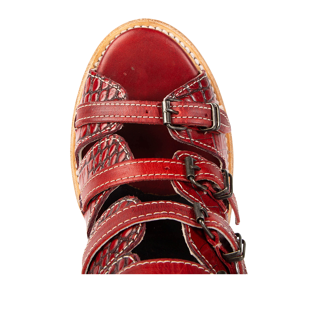 Top view showing alond toe and straps on FREEBIRD women's Quinn red croco sandal