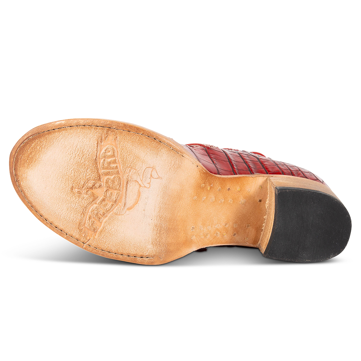 Leather sole imprinted with FREEBIRD on women's Quinn red croco sandal