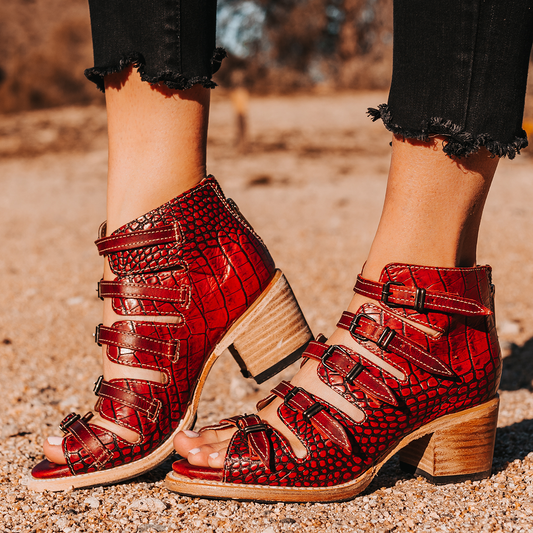 FREEBIRD women's Quinn red croco sandal with straps, metal buckles and mid-heel