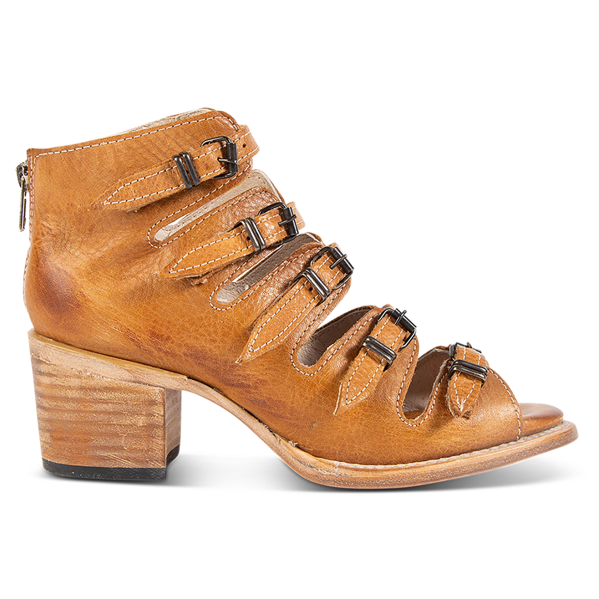 FREEBIRD women's Quinn wheat sandal with straps, metal buckles and mid-heel