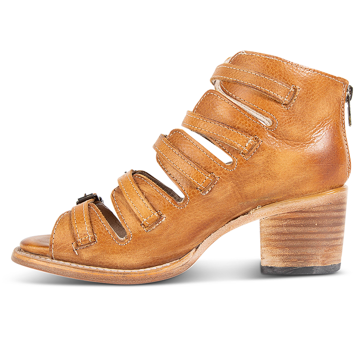 Inside view showing leather straps and stacked heel on FREEBIRD women's Quinn wheat sandal