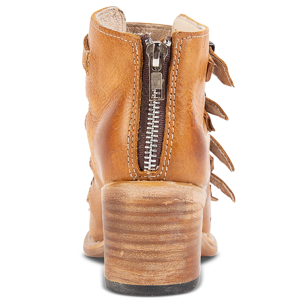 Back view showing working brass zip closure on FREEBIRD women's Quinn wheat sandal
