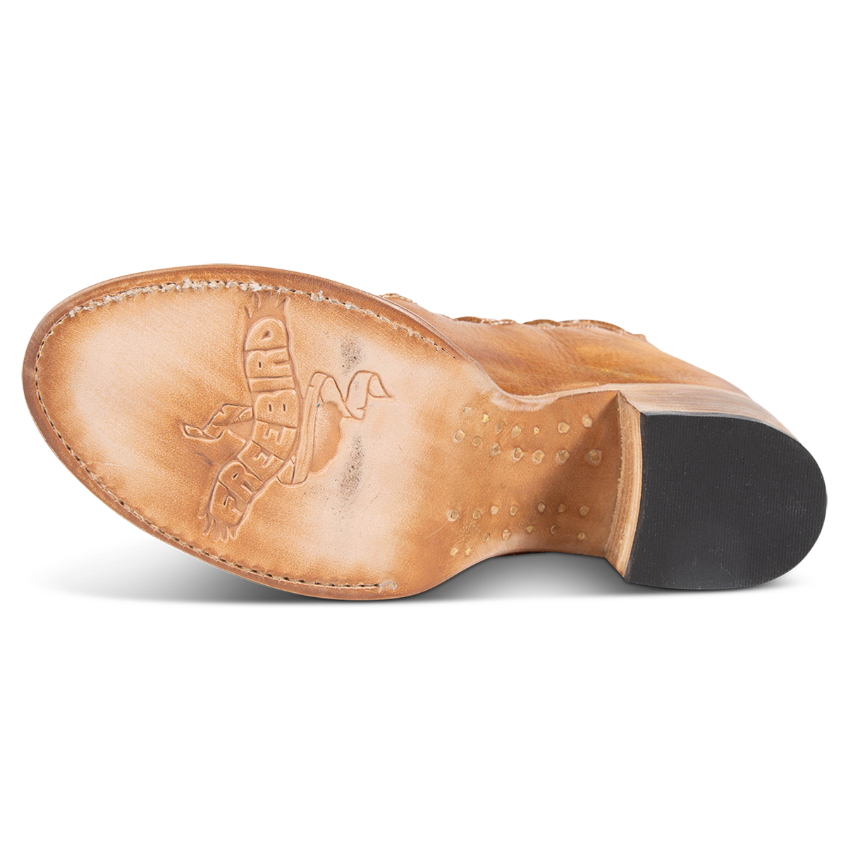 Leather sole imprinted with FREEBIRD on women's Quinn wheat sandal