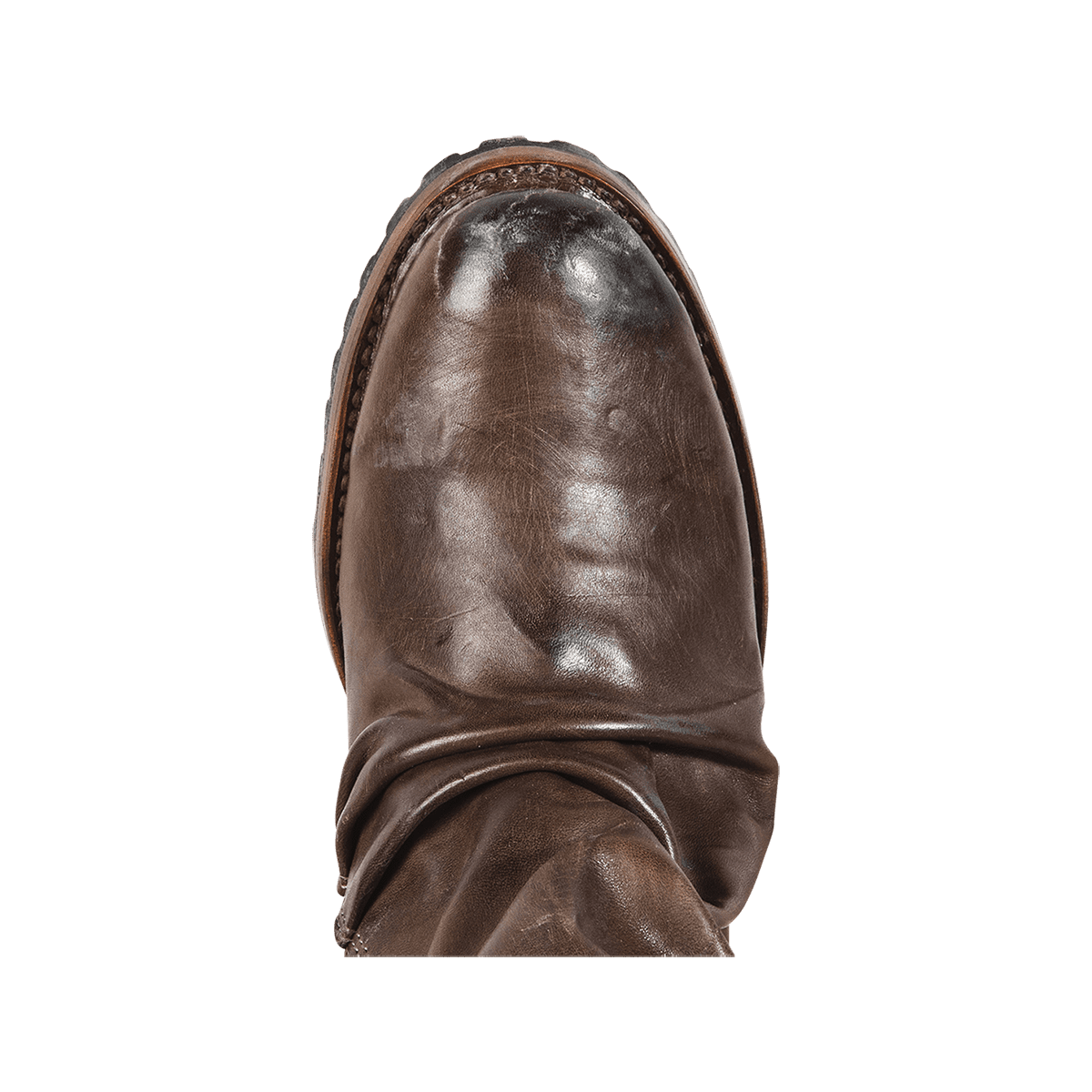 Top view showing gathered leather on FREEBIRD men's Beck stone ankle boot