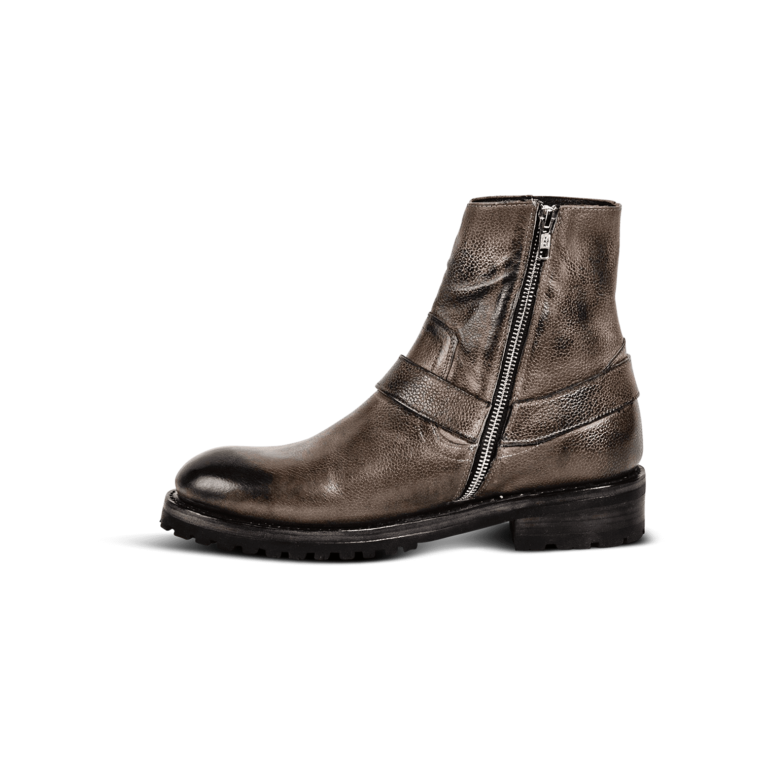 Inside view showing leather srtrap and brass zip closure on FREEBIRD men's Ozzie stone boot