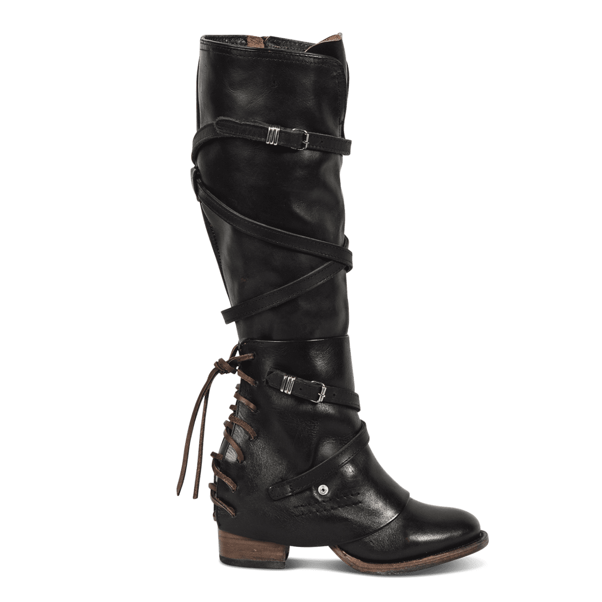 FREEBIRD women's Cassius black strappy tall boot with back lacing ankle overlay