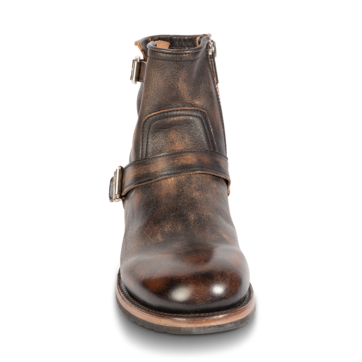 Front view showing ankle shaft construction and buckle strap detailing on FREEBIRD men's Railroad black distressed ankle boot