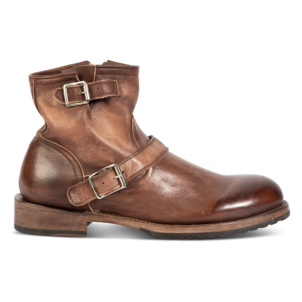 FREEBIRD men's Railroad brown distressed inside zip low heel ankle boot with almond toe