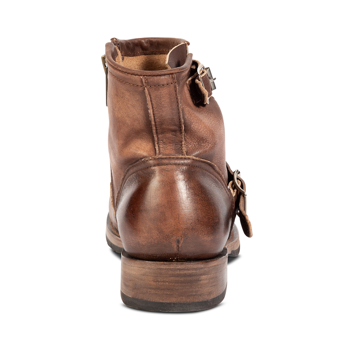 Back view showing low heel and buckle strap detail on FREEBIRD men's Railroad brown distressed ankle boot