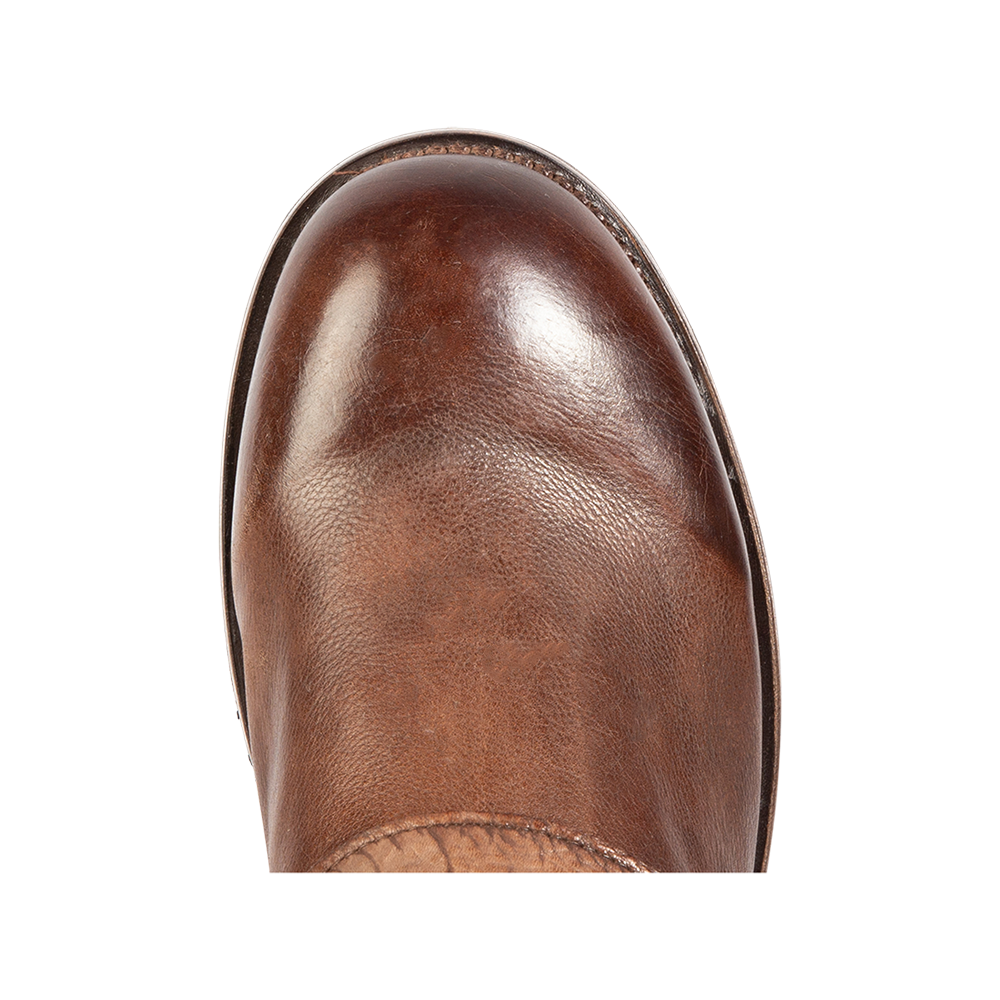 Top view showing round toe on FREEBIRD men's Railroad brown distressed ankle boot