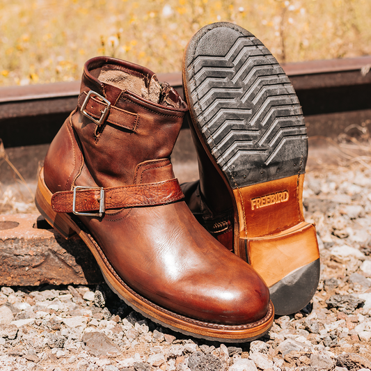 FREEBIRD men's Railroad cognac inside zip low heel ankle boot with almond toe