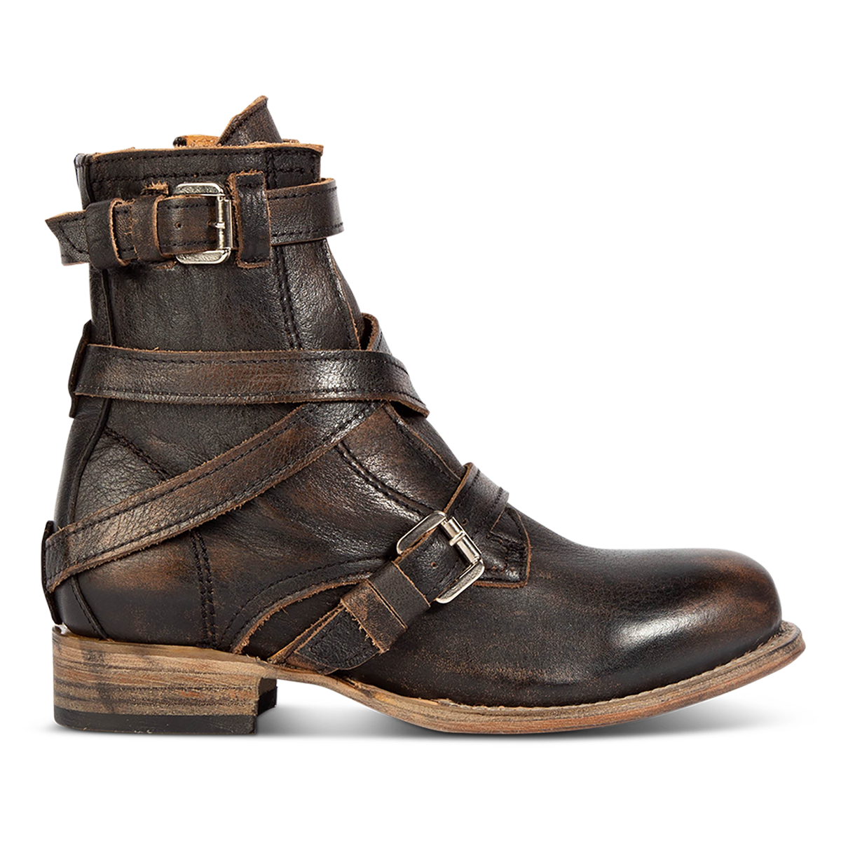 FREEBIRD women's Raine black full grain leather bootie with inside zip closure, wooden heel, and leather overlays with metal buckles