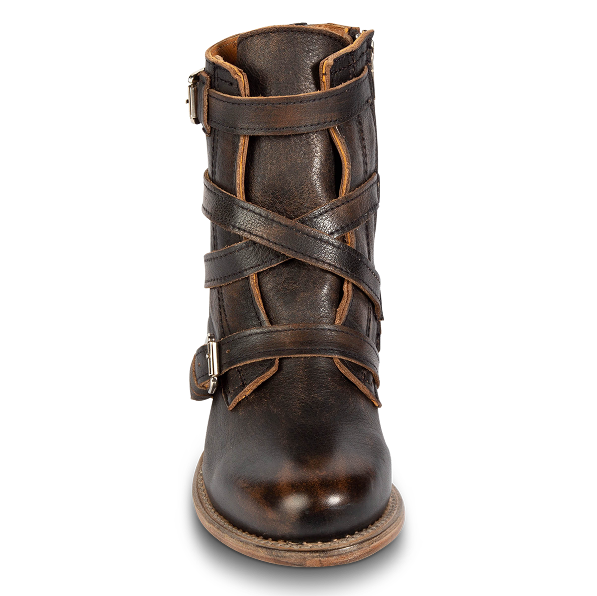 Front view showing almond toe, leather overlays and leather tongue on FREEBIRD women's Raine black leather bootie