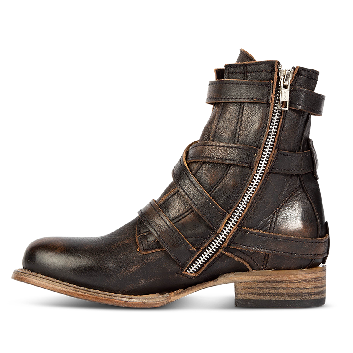 Inside view showing zip closure and leather overlays on FREEBIRD women's Raine black leather bootie