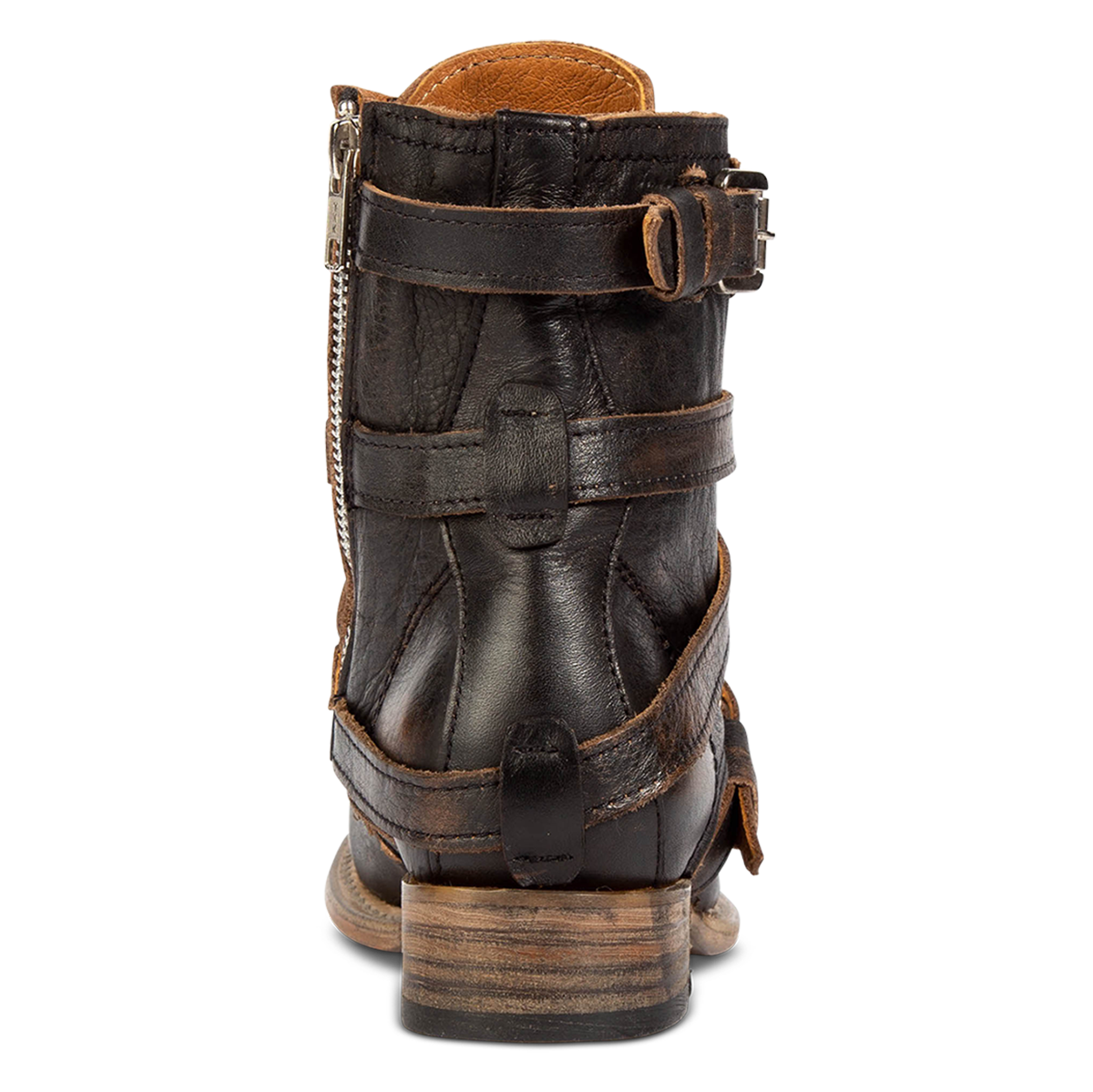 Back view showing leather overlays and wooden heel on FREEBIRD women's Raine black leather bootie
