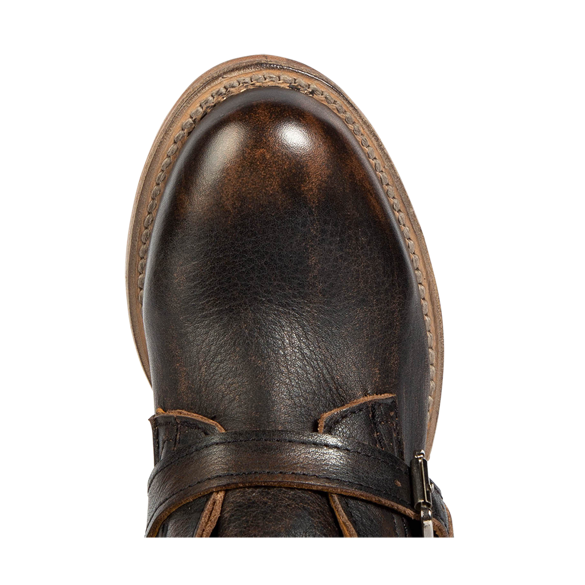 Top view showing almond toe on FREEBIRD women's Raine black leather bootie