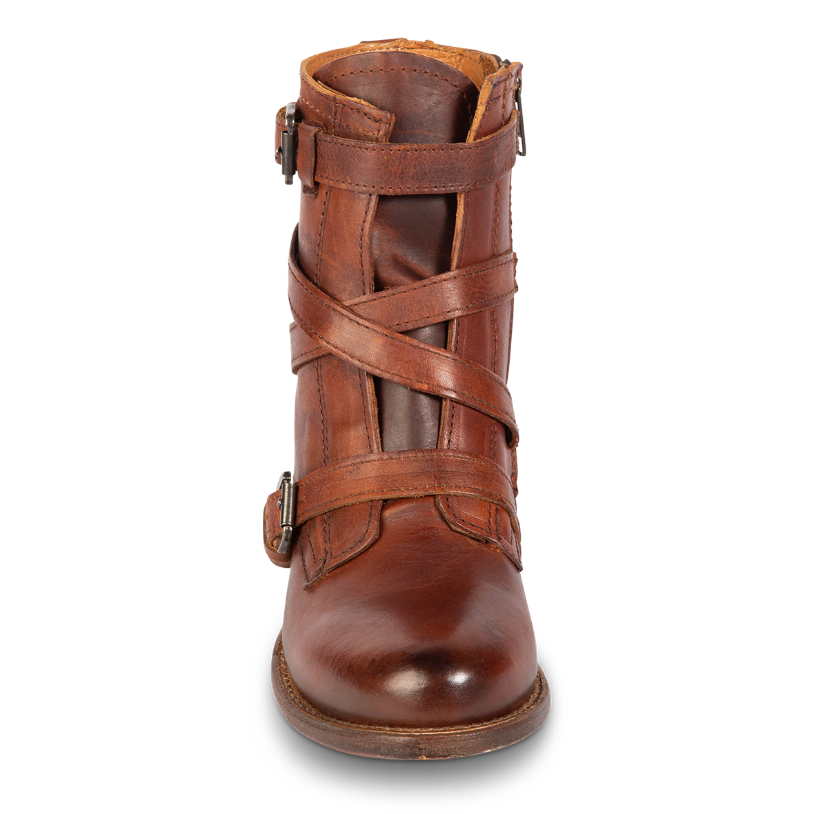 Front view showing almond toe, leather overlays and leather tongue on FREEBIRD women's Raine cognac leather bootie