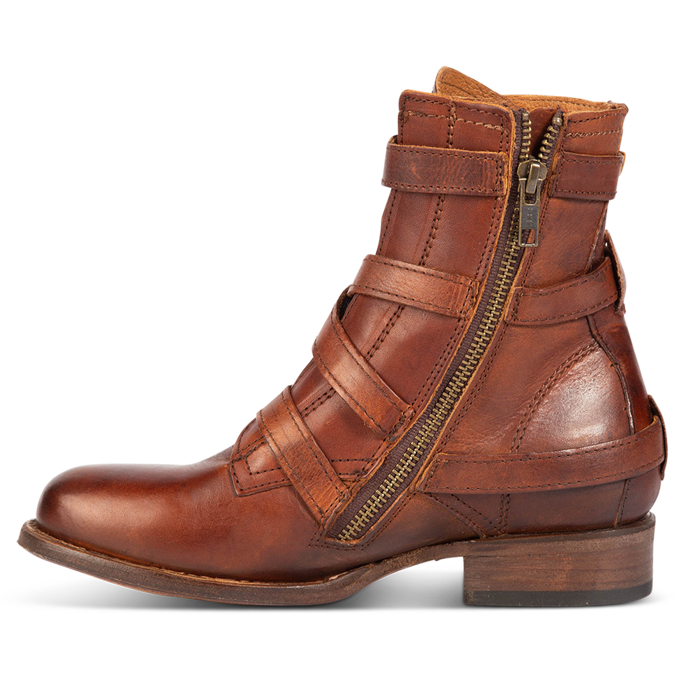 Inside view showing zip closure and leather overlays on FREEBIRD women's Raine cognac leather bootie