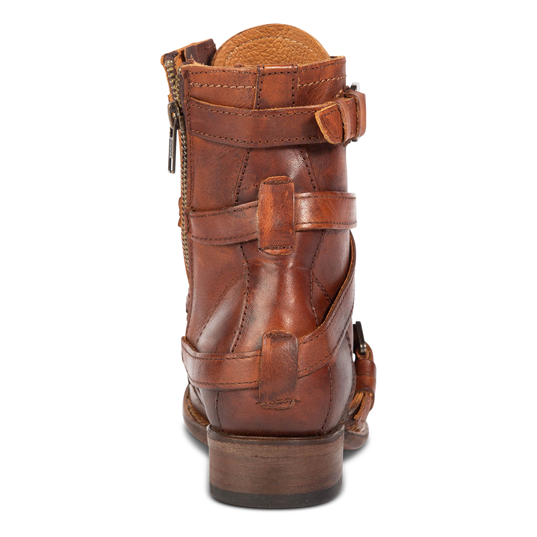 Back view showing leather overlays and wooden heel on FREEBIRD women's Raine cognac leather bootie