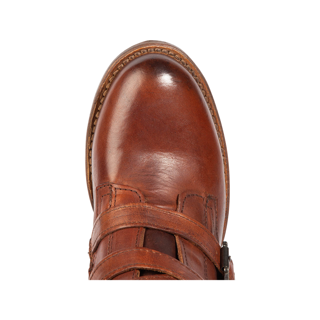 Top view showing almond toe on FREEBIRD women's Raine cognac leather bootie