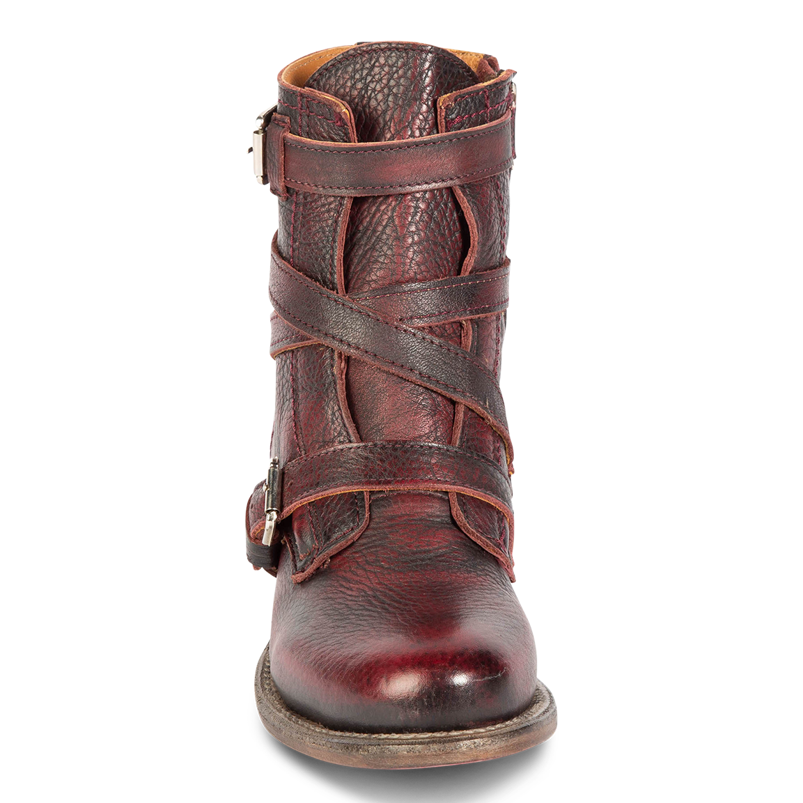 Front view showing almond toe, leather overlays and leather tongue on FREEBIRD women's Raine wine leather bootie
