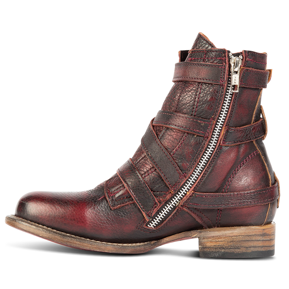 Inside view showing zip closure and leather overlays on FREEBIRD women's Raine wine leather bootie