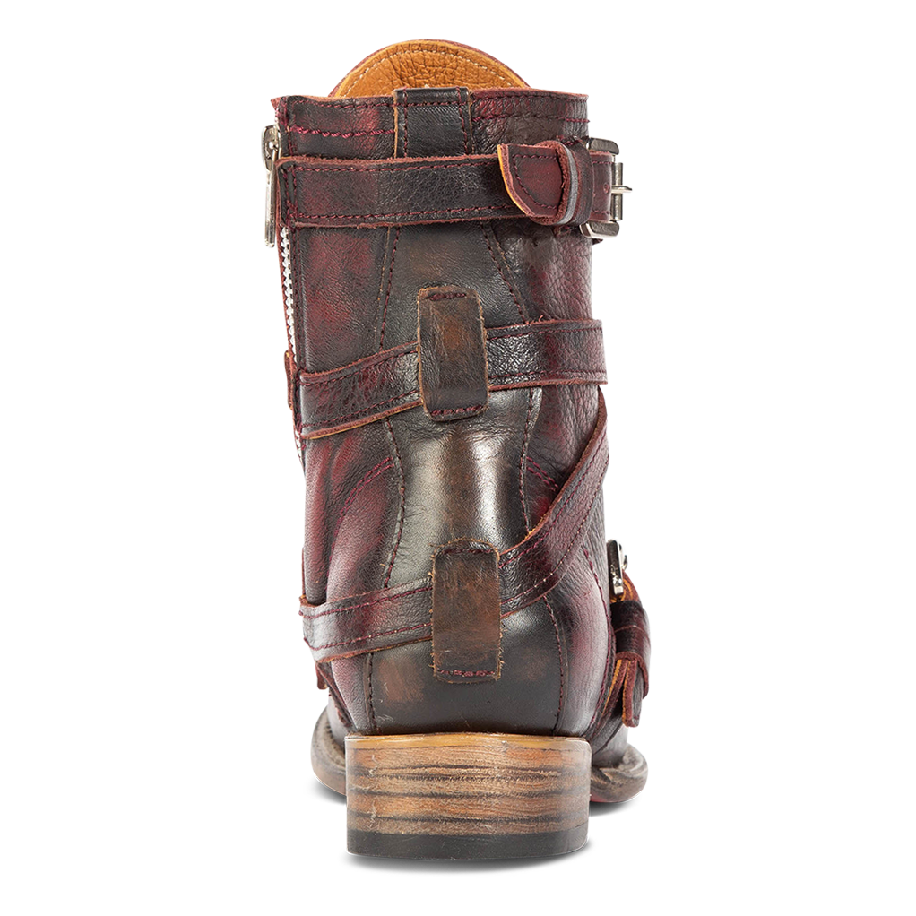 Back view showing leather overlays and wooden heel on FREEBIRD women's Raine wine leather bootie