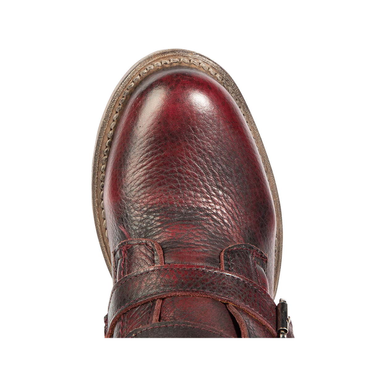 Top view showing almond toe on FREEBIRD women's Raine wine leather bootie