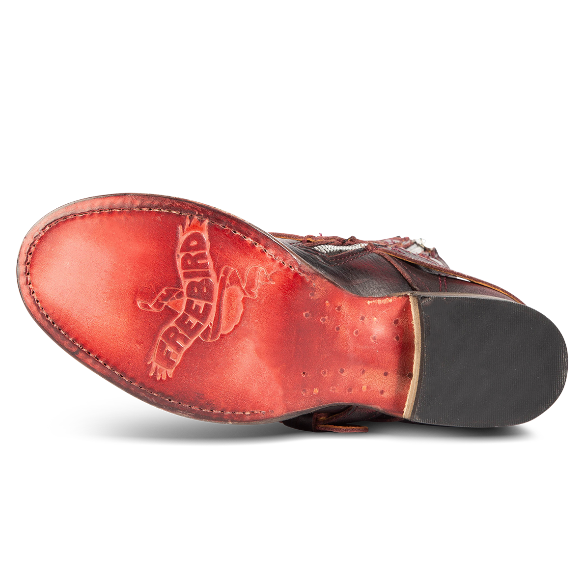 Leather sole imprinted with FREEBIRD on women's Raine wine leather bootie
