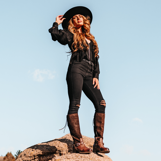 FREEBIRD women's Raleigh rust tall boot with metal harness and upper back lace detailing lifestyle