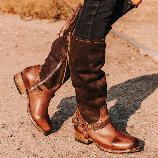 FREEBIRD women's Raleigh rust tall boot with metal harness and upper back lace detailing