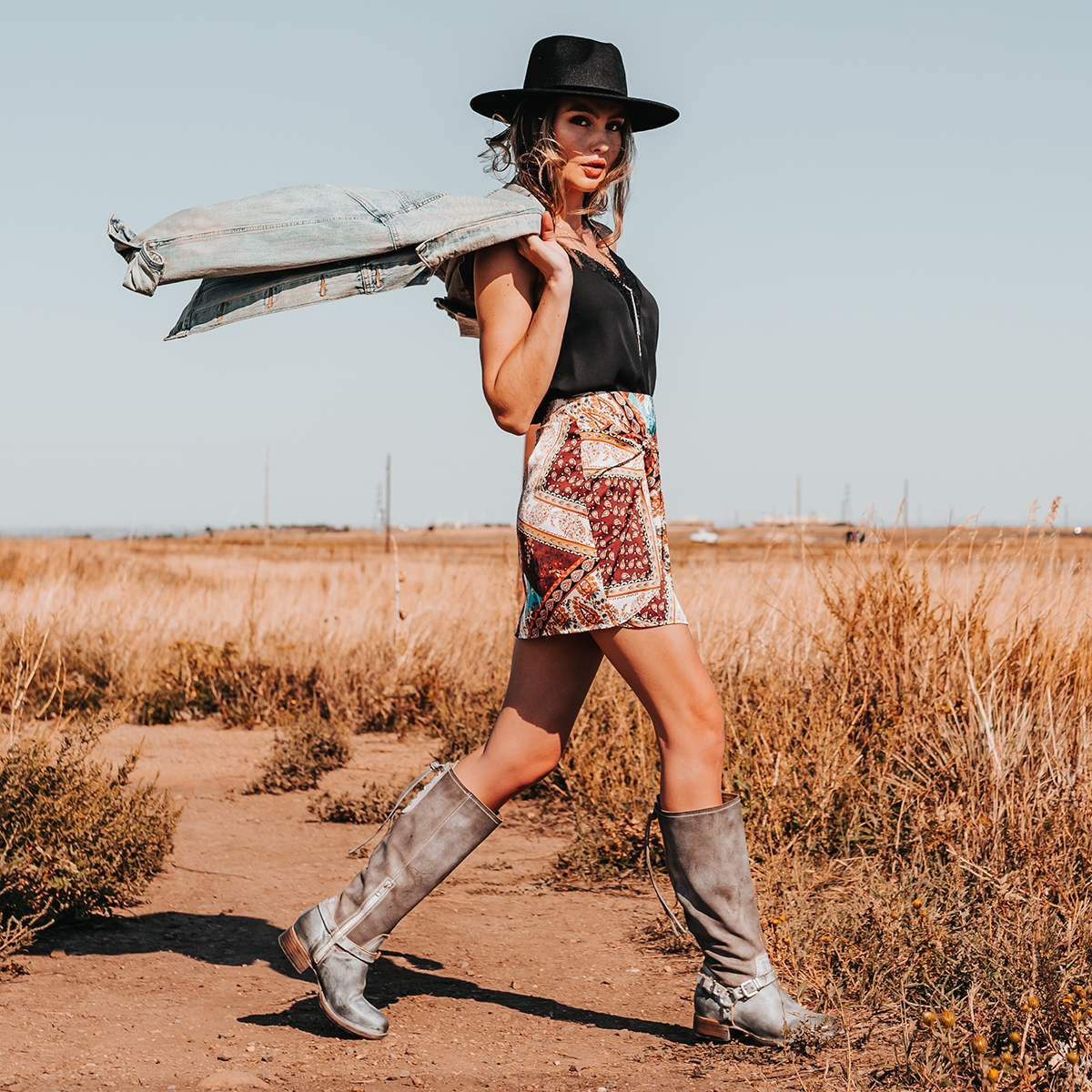 FREEBIRD women's Raleigh stone tall boot with metal harness and upper back lace detailing lifestyle