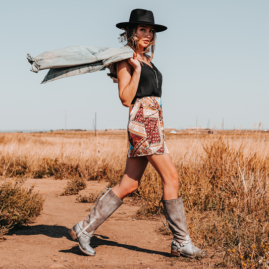 FREEBIRD women's Raleigh stone tall boot with metal harness and upper back lace detailing lifestyle