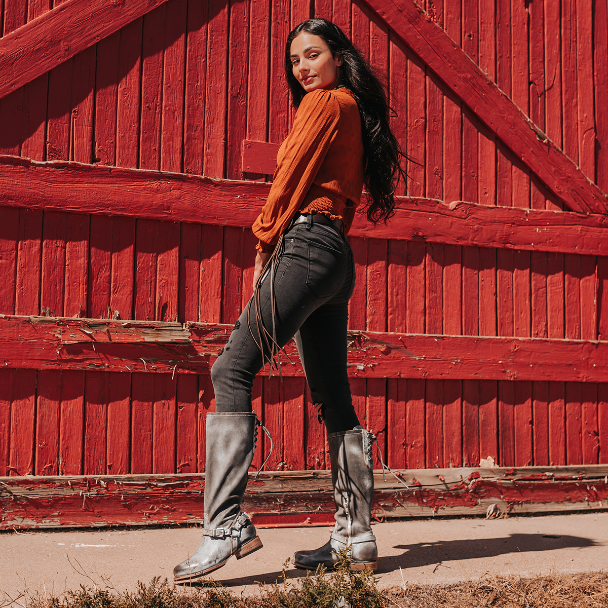 FREEBIRD women's Raleigh stone tall boot with metal harness and upper back lace detailing lifestyle