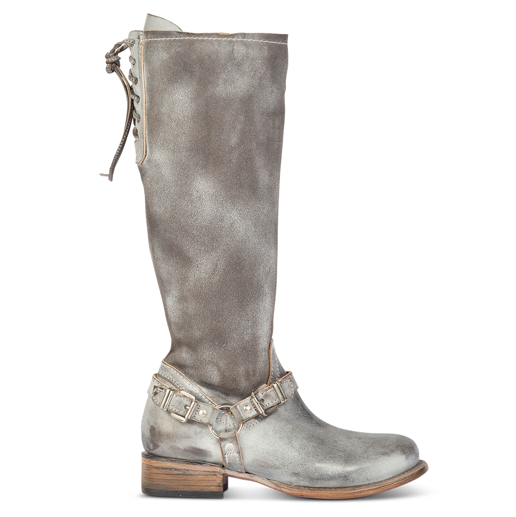 FREEBIRD women's Raleigh stone tall boot with metal harness and upper back lace detailing