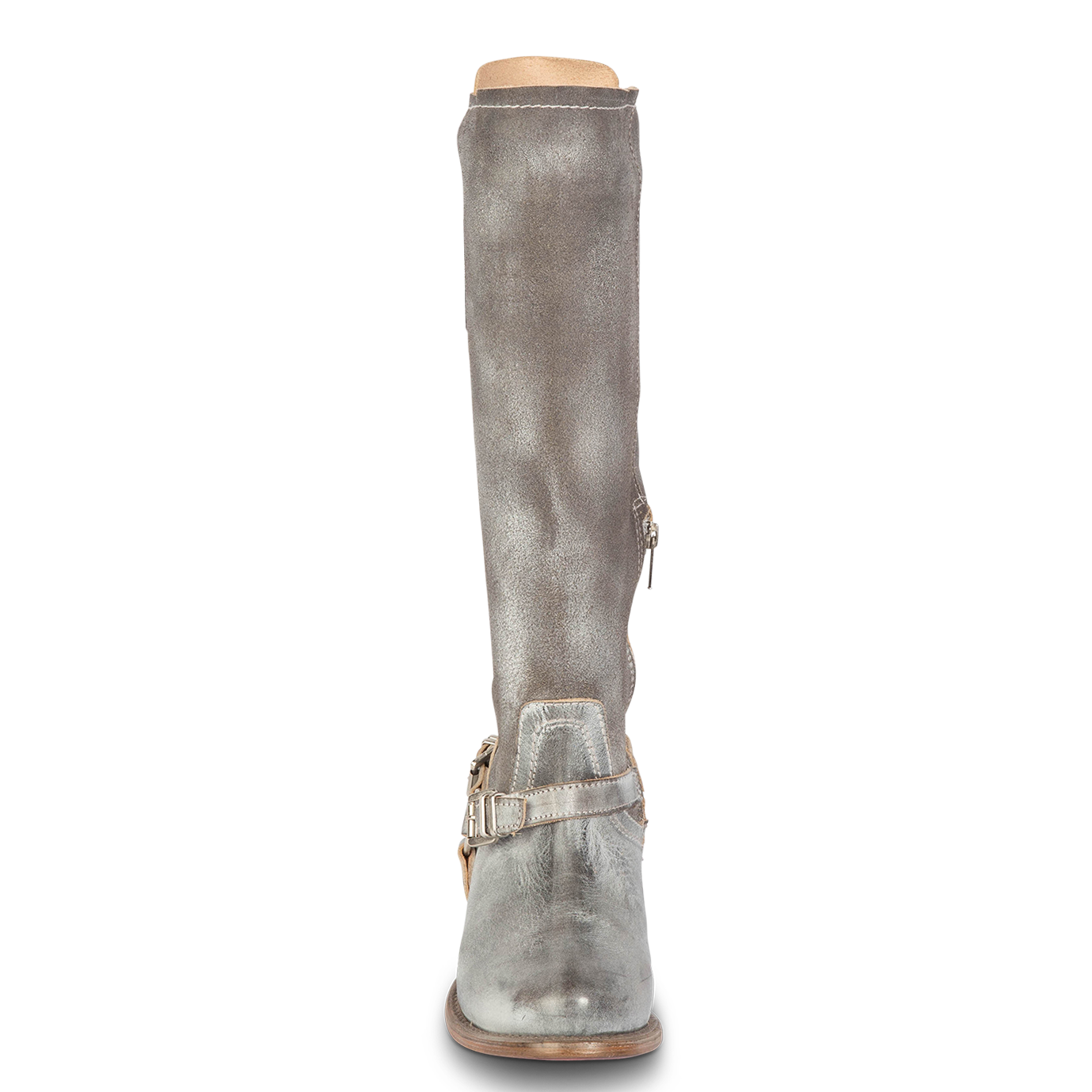 Front view showing tall shaft construction and ankle strap with silver hardware on FREEBIRD women's Raleigh stone tall leather boot