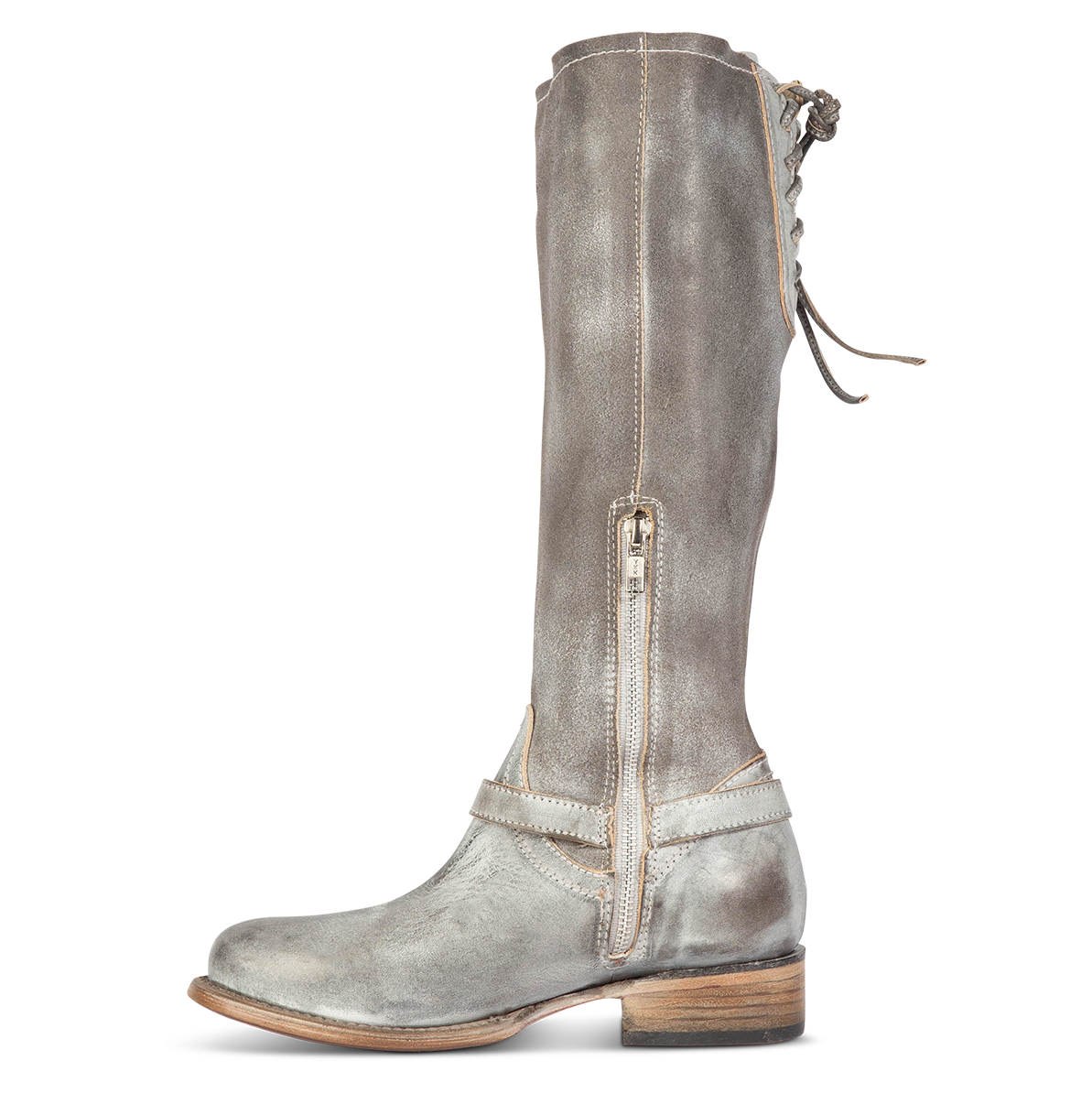 Inside view showing tall shaft construction, ankle strap with silver hardware, and inside zipper on FREEBIRD women's Raleigh stone tall leather boot